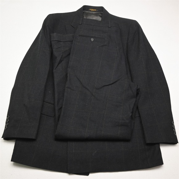 Vtg USA Made Double Breasted 42L 34x34 Gray Windowpane Wool Flannel Mens Suit